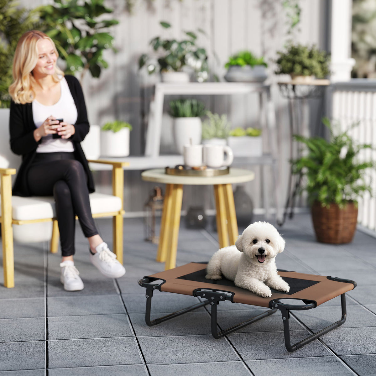 Foldable elevated dog bed pet bed, outdoor dog cot with mesh design coffee Oxford 75 x 51 x 18 cm (2)