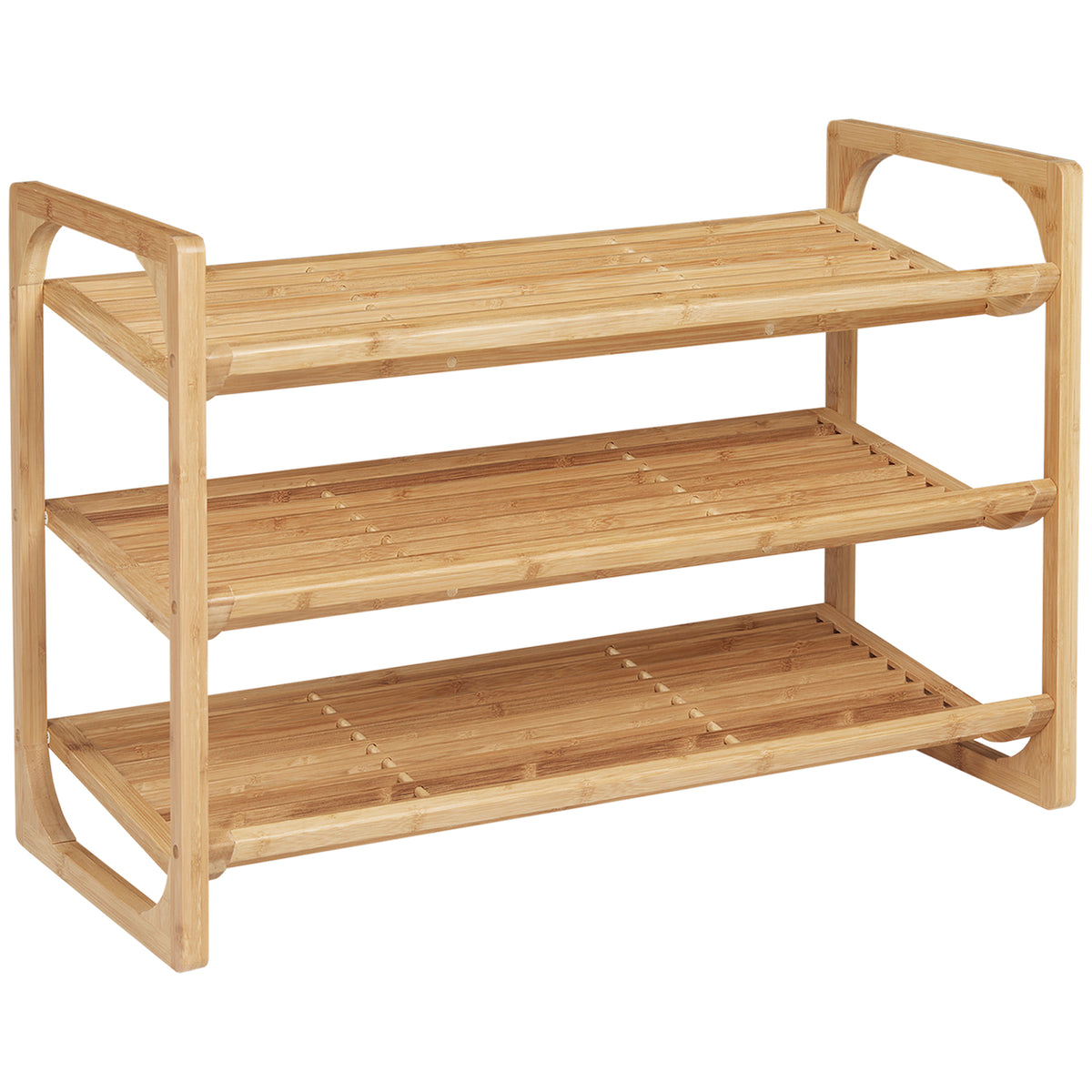 Shoe rack for 9 pairs of shoes, 3 tiers, raised edges, bamboo wood, 76 x 33 x 51 cm