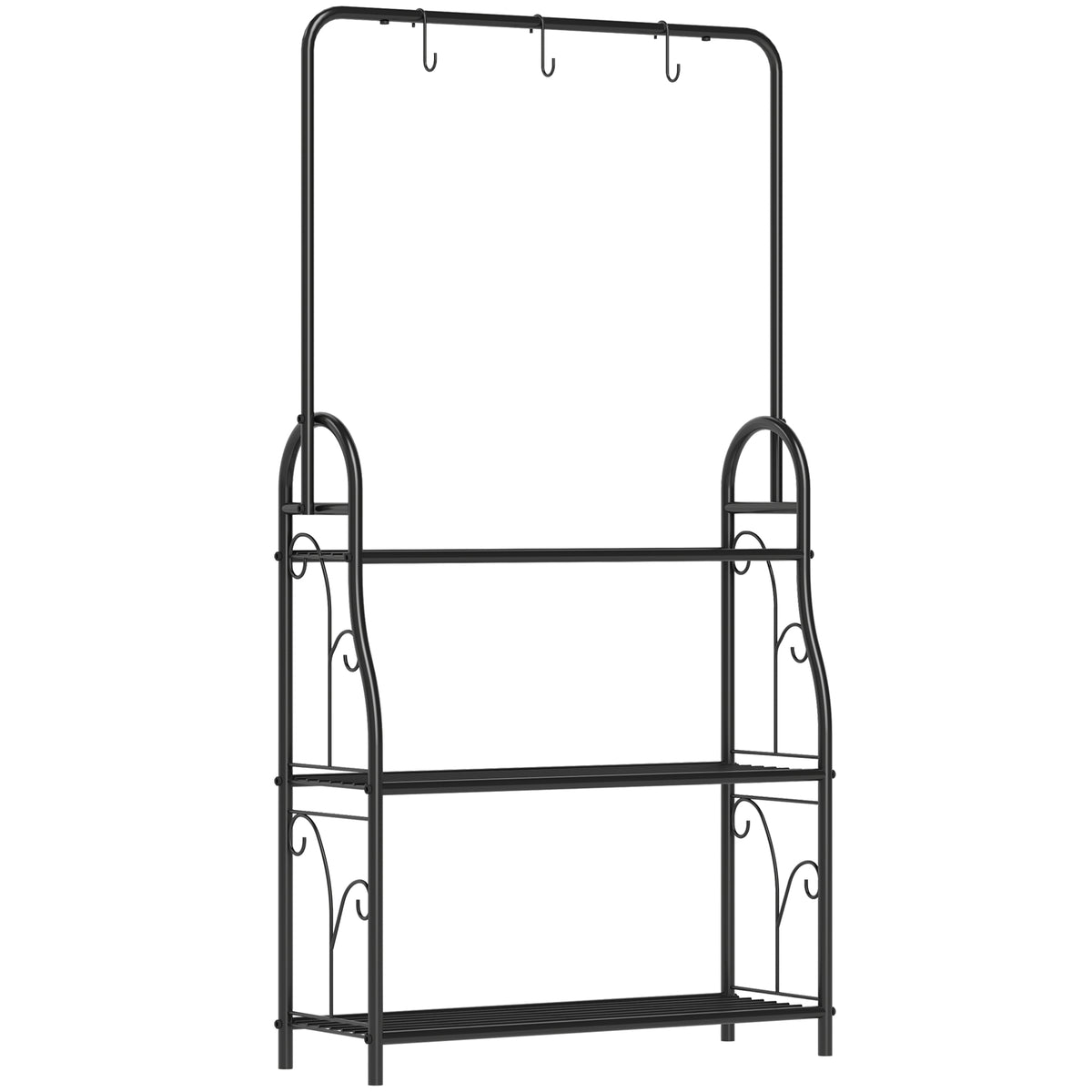 Flower shelf, 3-tier plant stand with hanging hooks, metal rack for flower pots, suitable for indoor and outdoor