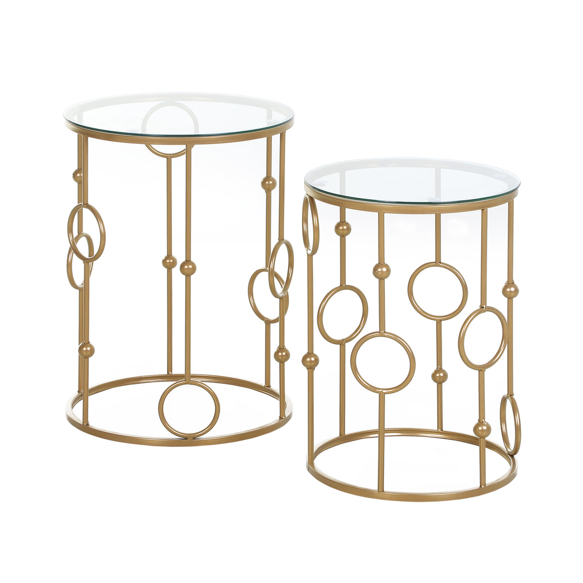 2-piece coffee table set, side table with glass top, living room table with tire and sphere design Ø41 x 57 cm
