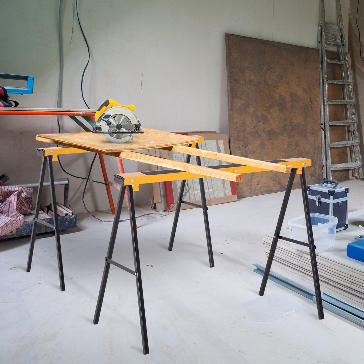 Set of 2 saw horses, craftsman stands, load capacity up to 250 kg, metal, yellow (2)