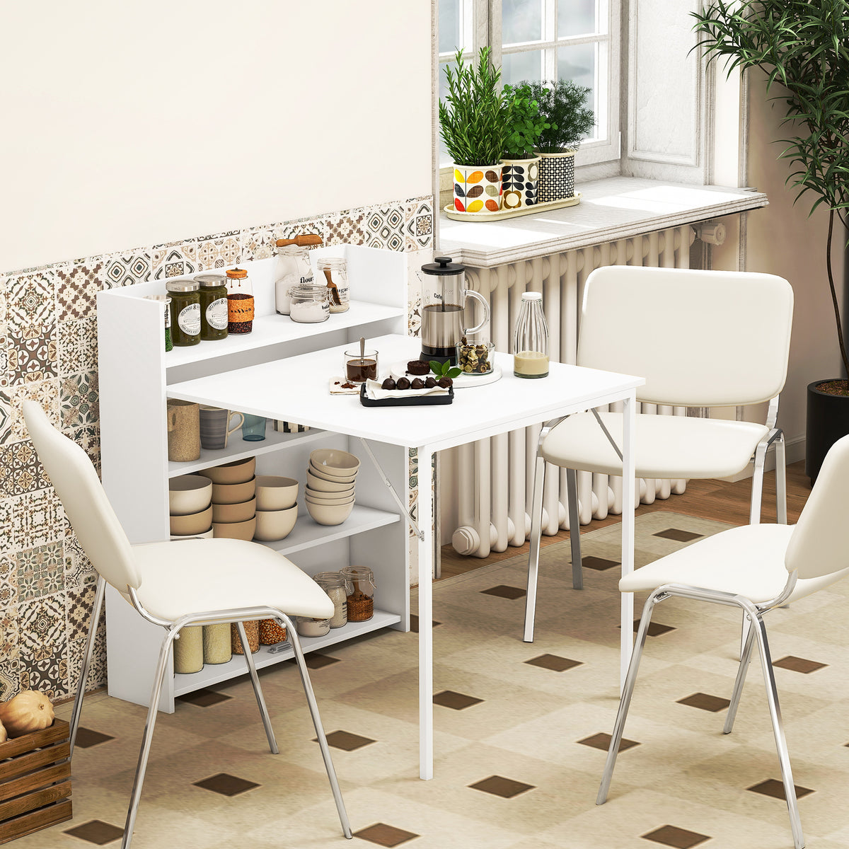 Foldable dining table, suitable for small rooms, with 4 discreet shelves, collapsible kitchen table, anti-tip (2)