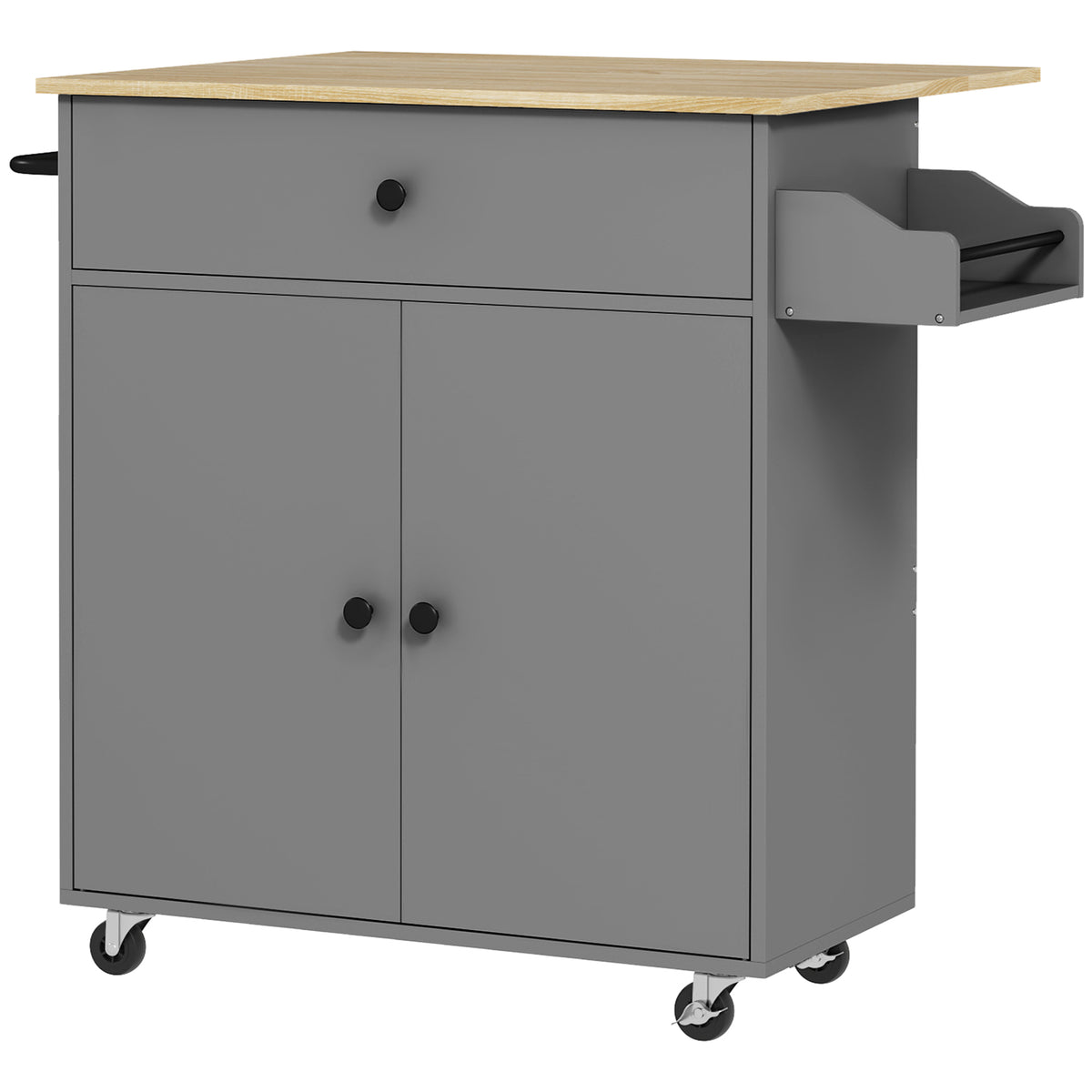 Kitchen trolley with drawer, cupboard compartment, towel rail, 106 x 42 x 87 cm, grey/oak
