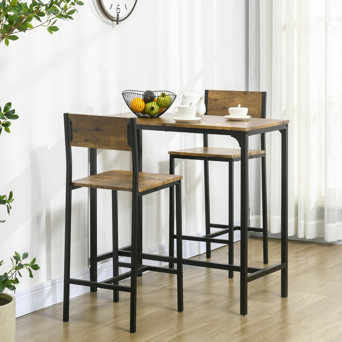 3-piece bar set, pub table, 2 chairs, MDF, metal frame, waterproof, brown (2)