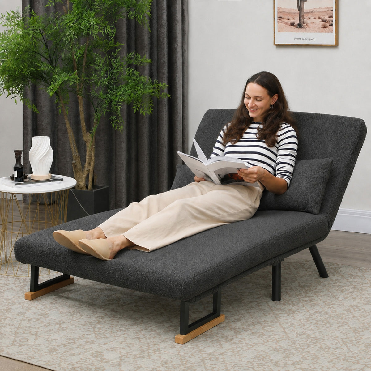 Sofa bed, 2-seater sofa with sleeping function, incl. 2 cushions, sherpa look, natural + dark grey + black (2)