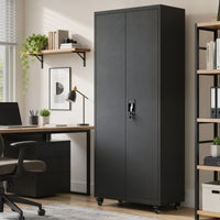 Filing cabinet, lockable metal cabinet with wheels, adjustable shelves, made of steel, 80 x 40 x 180 cm black (8)