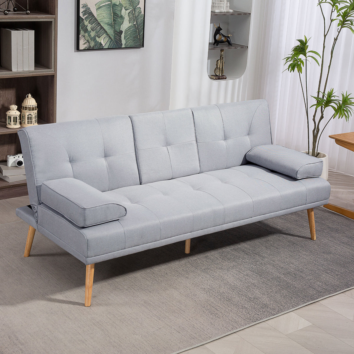 Sofa bed, 3-seater sofa, sleeper sofa with folding table, cup holders, linen-look bed sofa, guest couch for (2)