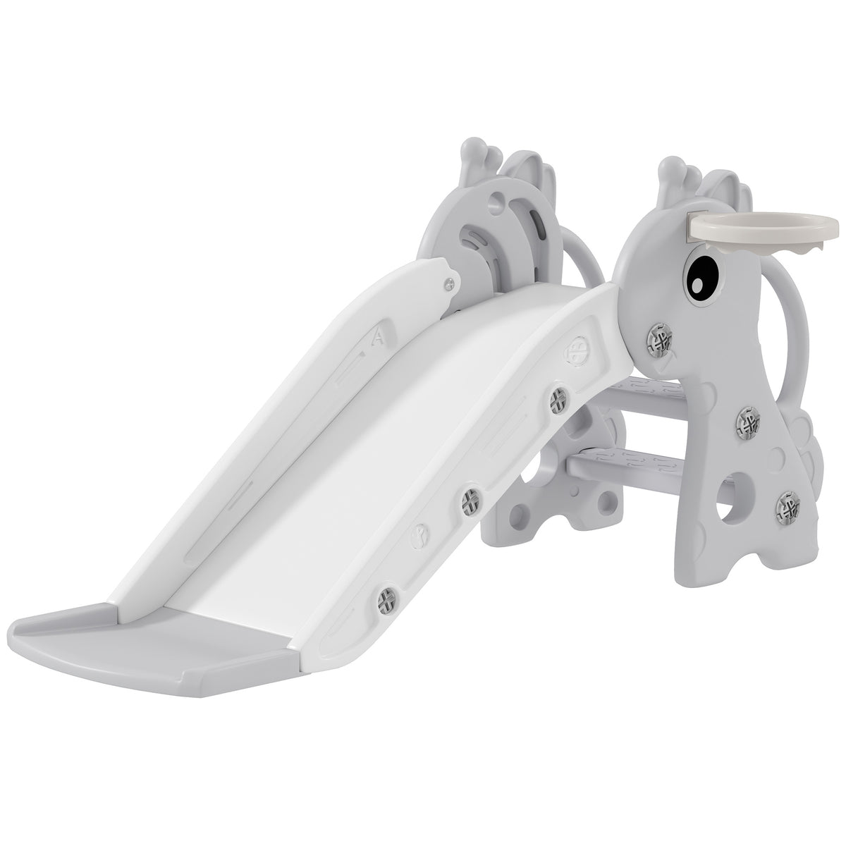 3-in-1 slide for children, giraffe shape, basketball hoop, ball, grey