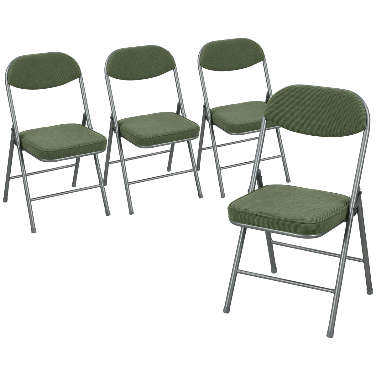 Set of 4 padded folding chairs, foldable chairs with corduroy upholstery, backrest, metal frame, green