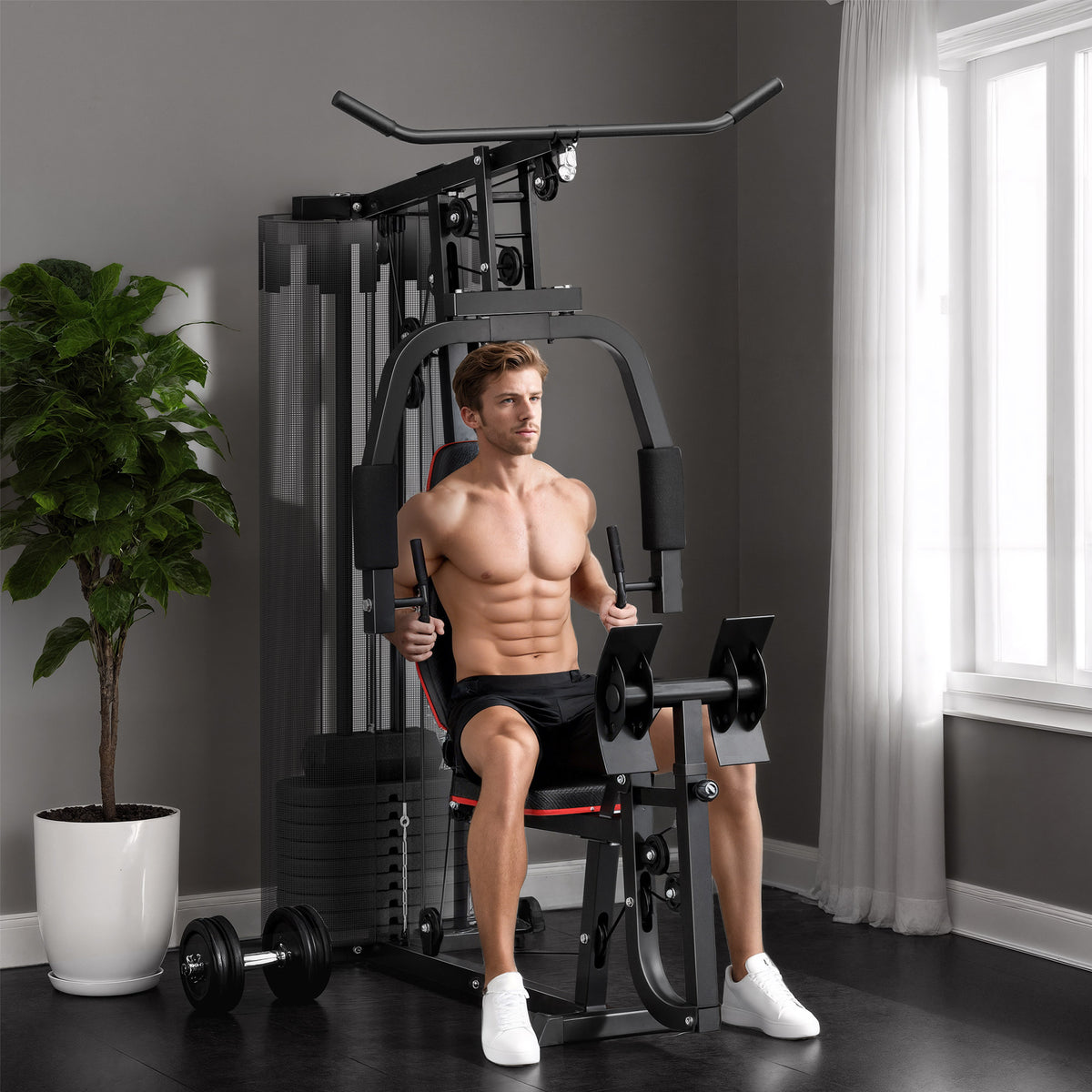 Home gym with 45 kg weight stack, high pulley, chest station, and leg press for versatile training (2)