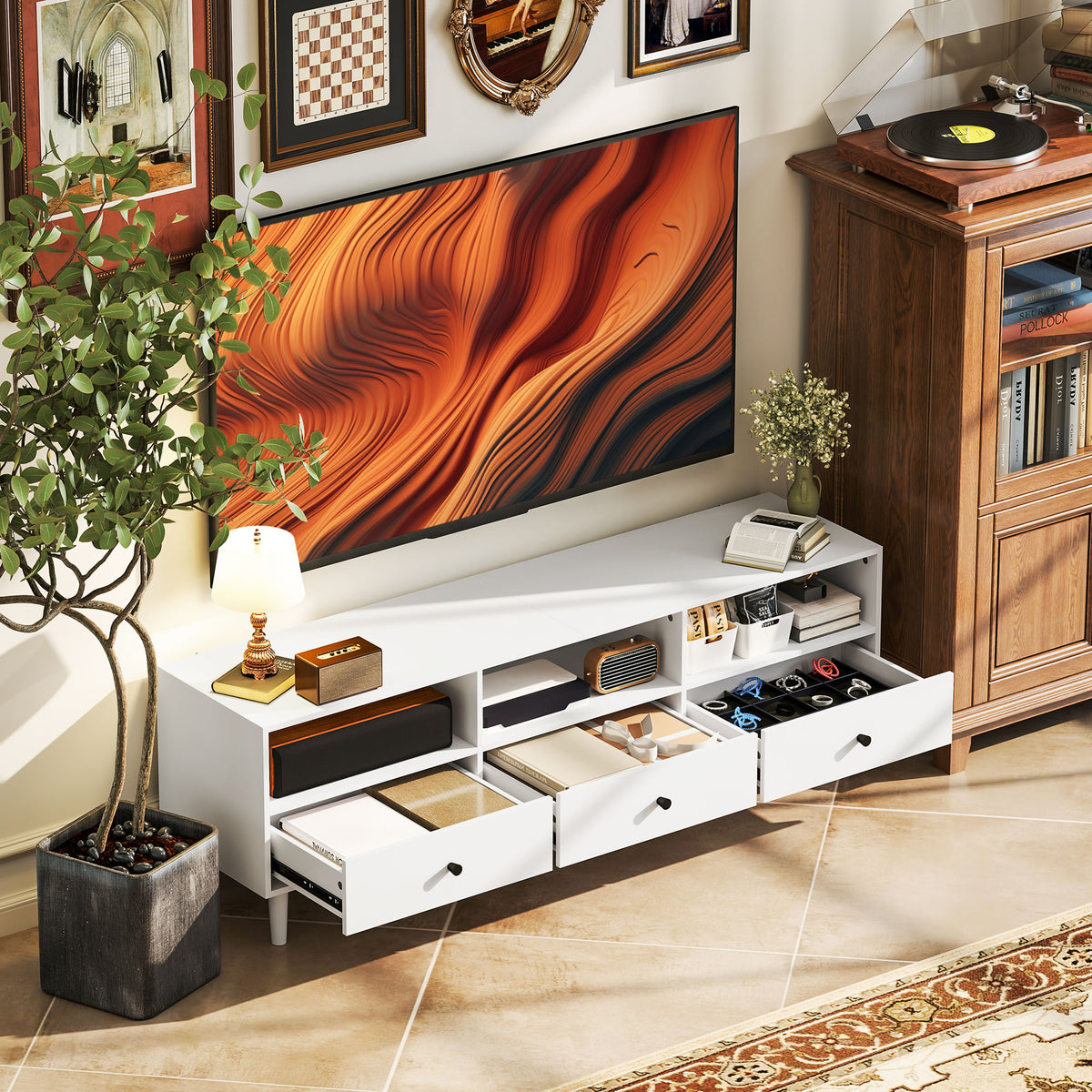 TV console, TV stand for 75-inch screens, 3 open compartments, 3 drawers, particle board, white (2)