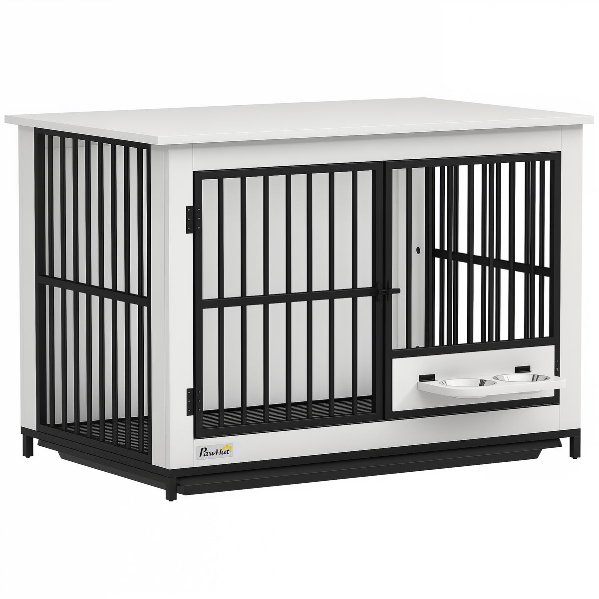 Large dog crate, easy access, lockable, rotating bowl holder, for small and large dogs, white