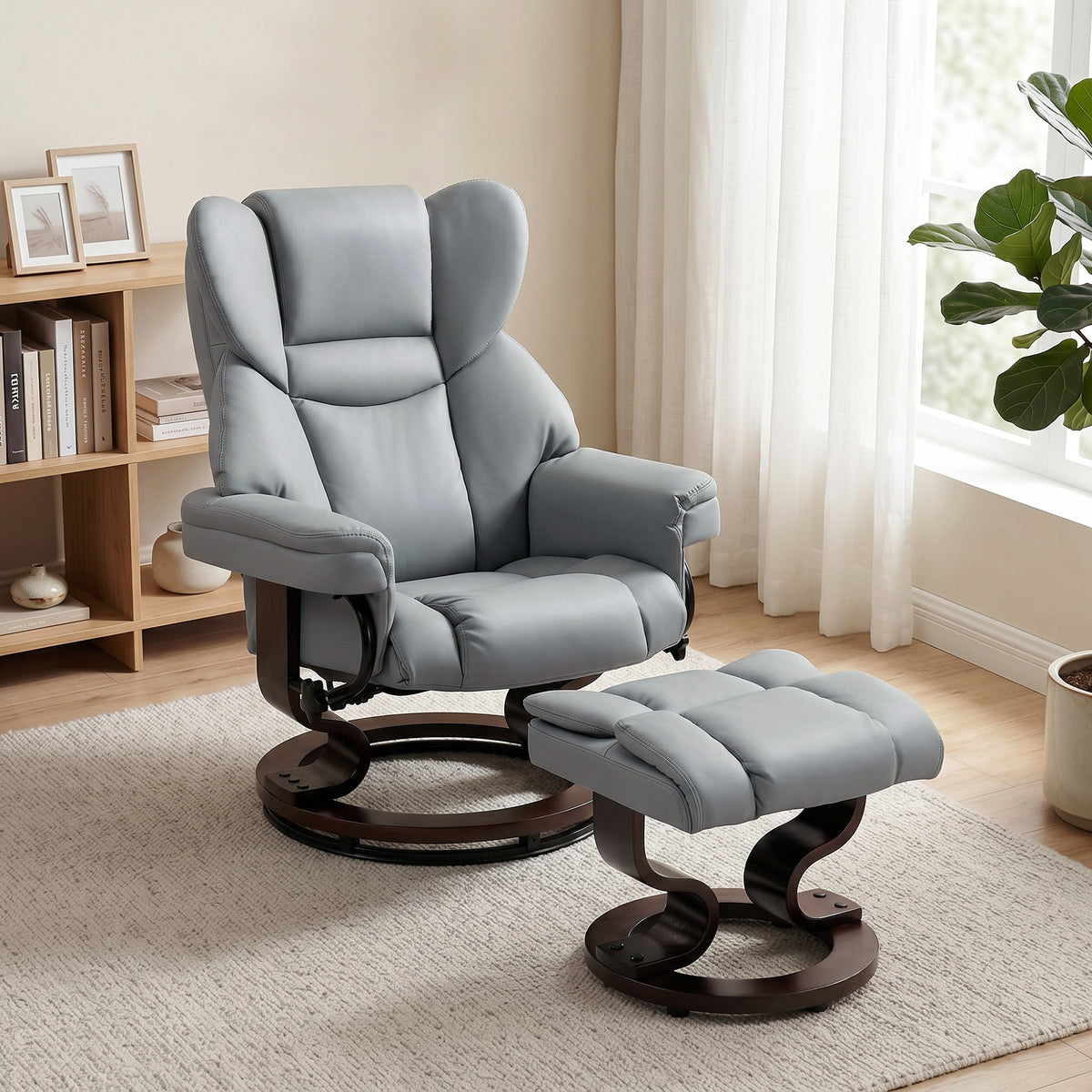 Swivel recliner with footstool, high backrest, high-density foam, wooden base, light grey (2)