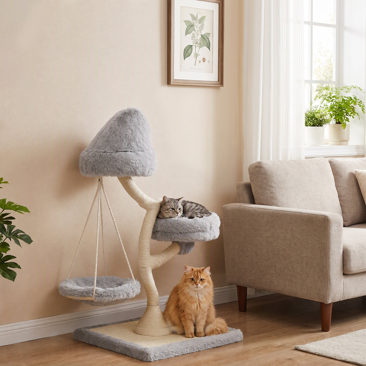 Cat tree 115 cm high, tree-shaped cat tower with 2 washable beds, hammock, and sisal scratching post, for cats (2)