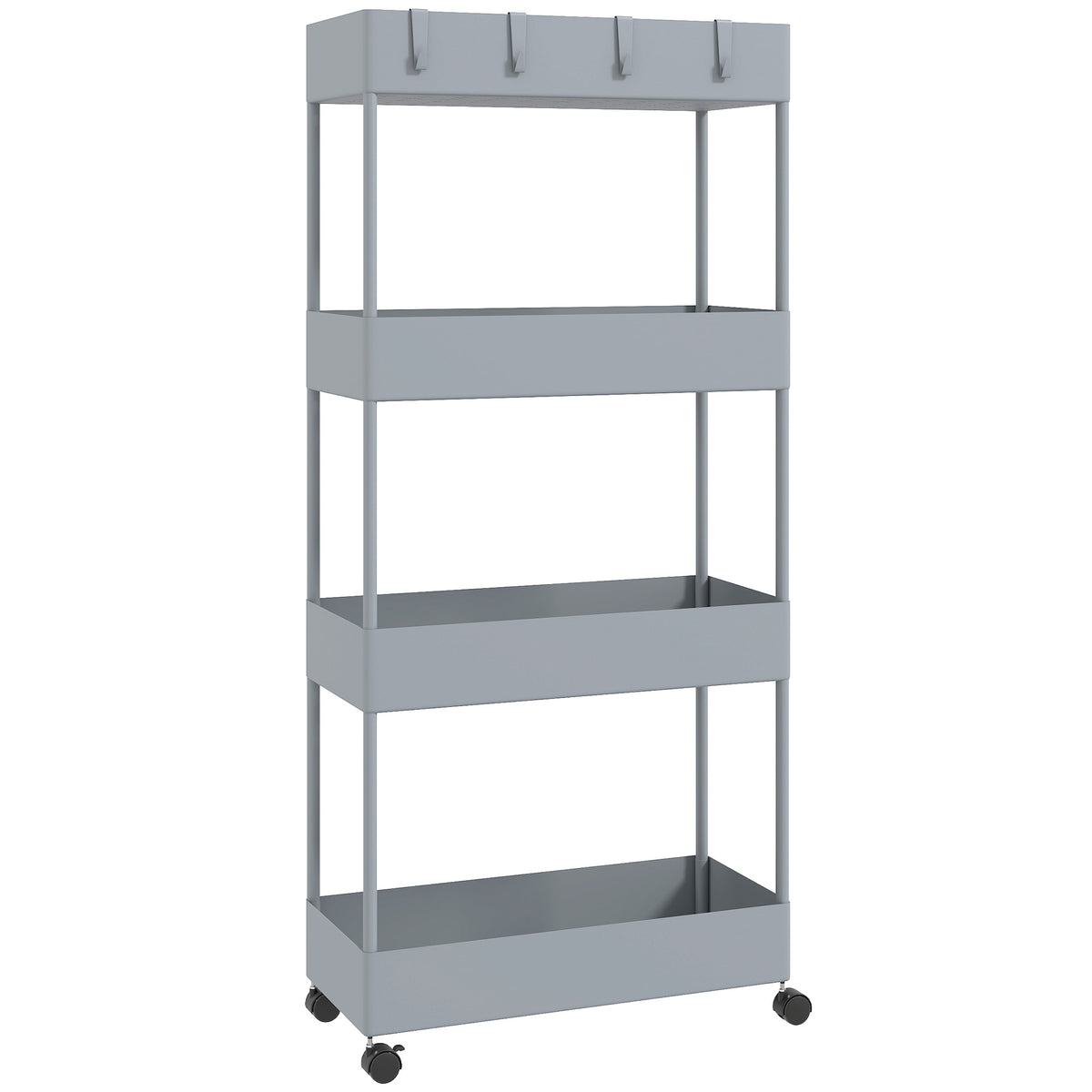 Kitchen trolley with 4 shelves, 4 flexible hooks, 4 wheels, 40 cm x 19 cm x 90 cm, slim storage cart, grey