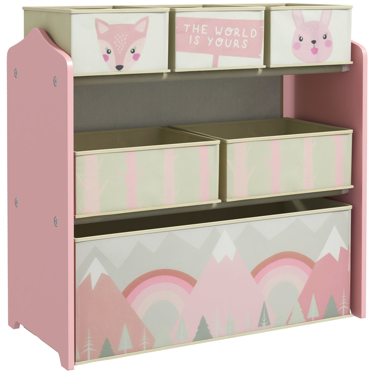 Children's cupboard with 6 fabric bins, cute motif, 63x30x66 cm, pink
