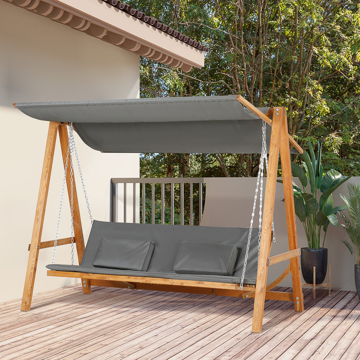 Porch swing with bed function, 3-seater garden swing, larch wood, with adjustable sun canopy, 225.5 x 130 x 180 (2)