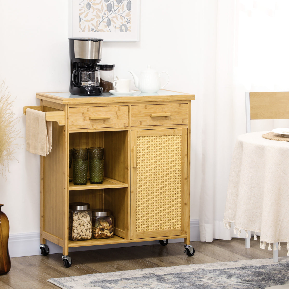 Bamboo kitchen trolley, multipurpose cart, serving trolley, 2 drawers, 1 cupboard, 2 shelves, natural (2)