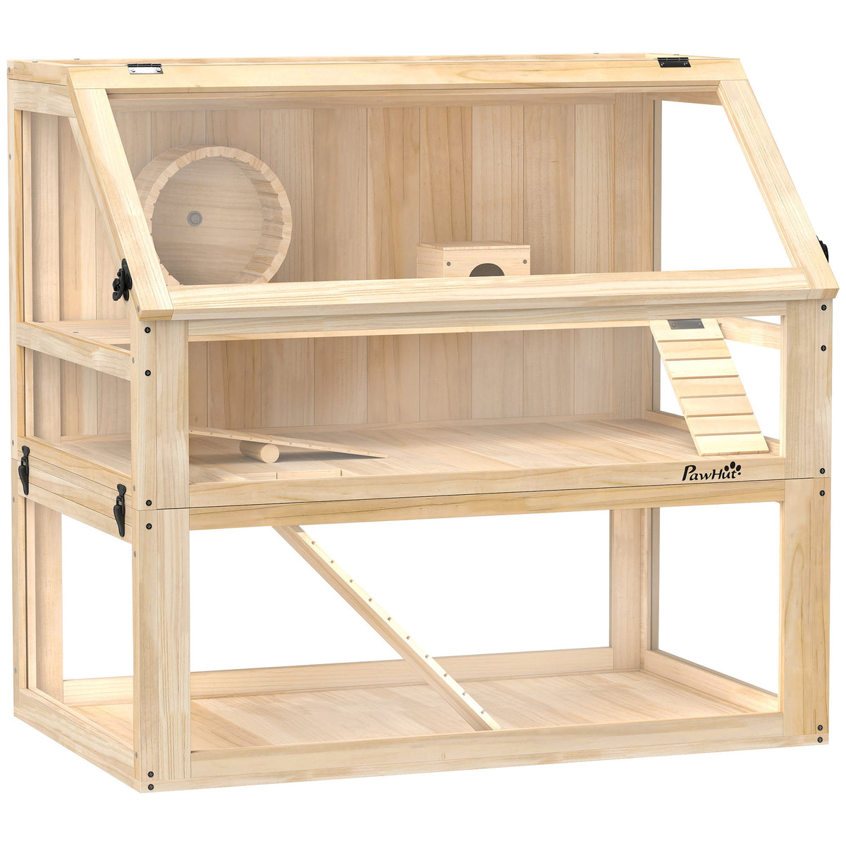 Wooden hamster cage 3 levels nagarium rodent cage with hinged lid exercise wheel 80 x 50 x 76 cm natural wood