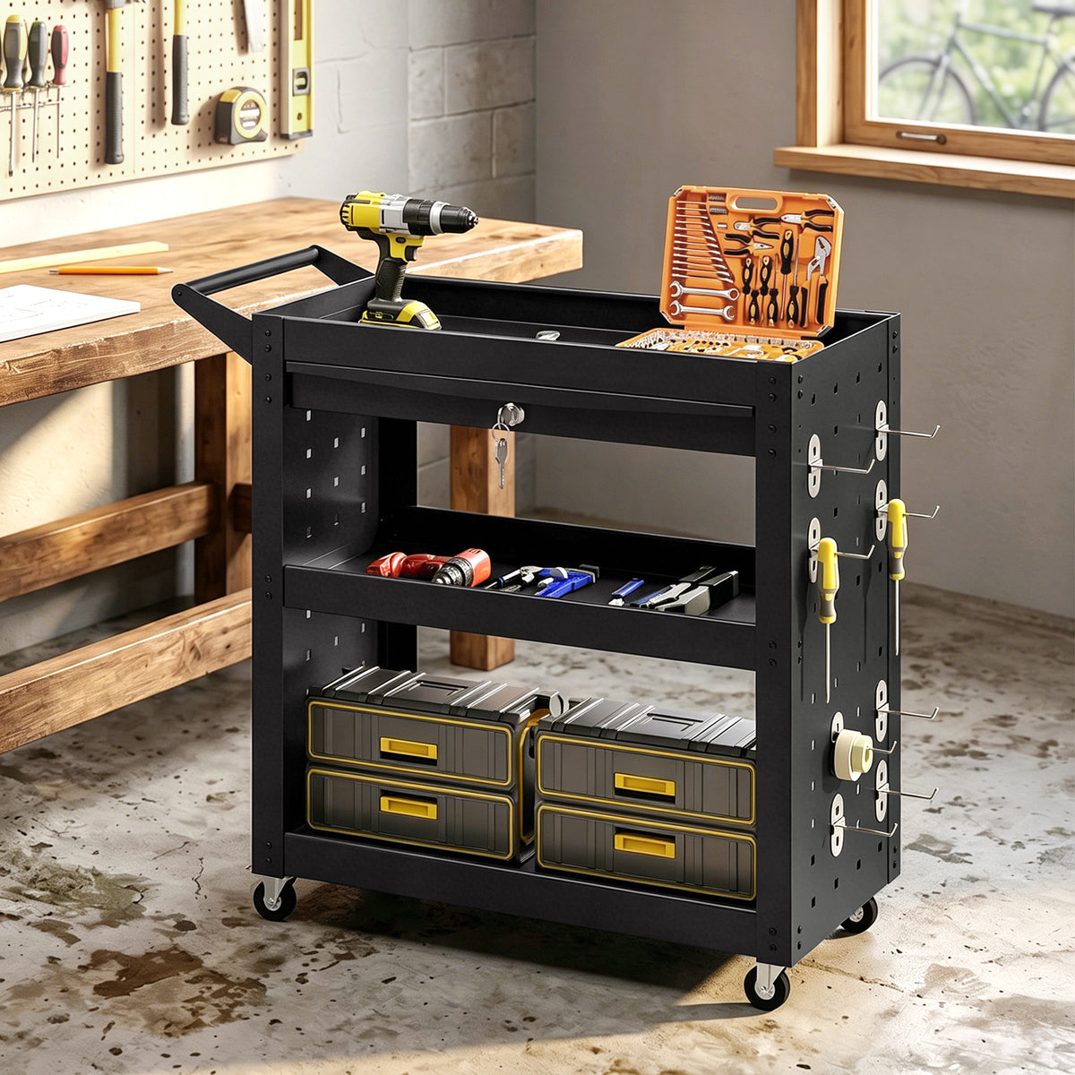 Tool trolley with lockable casters, rolling workshop cart with 3 tiers, drawer and pegboards, black (9)