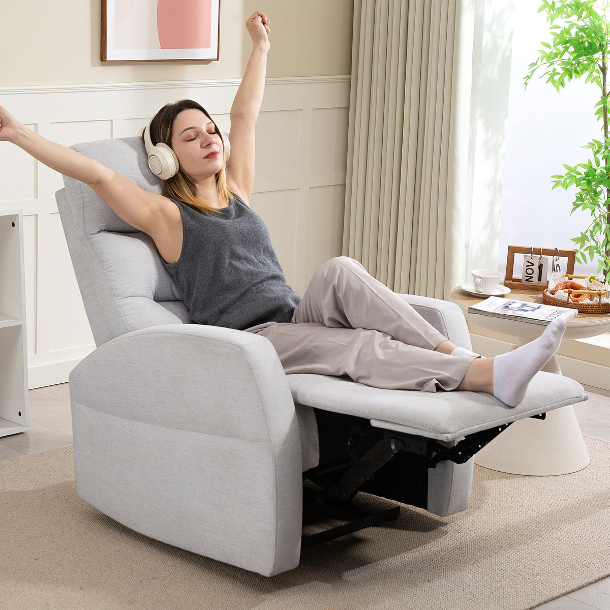 Adjustable recliner with footrest, modern upholstered armchair, light gray (2)