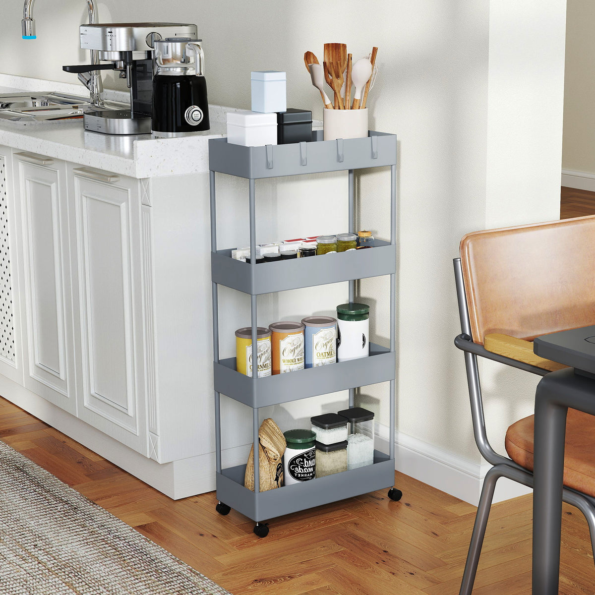 Kitchen trolley with 4 shelves, 4 flexible hooks, 4 wheels, 40 cm x 19 cm x 90 cm, slim storage cart, grey (2)