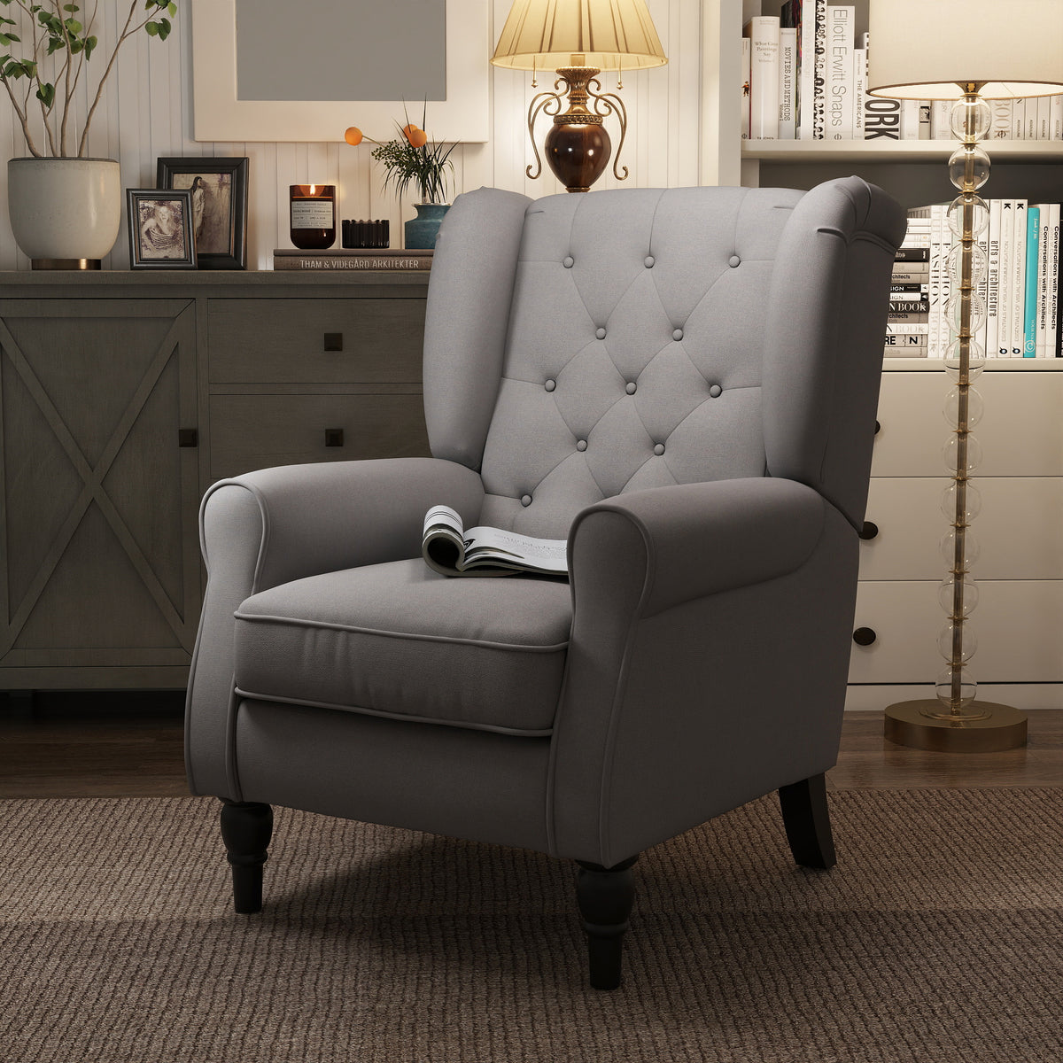 Wingback chair, tufted armchair with high backrest, upholstered lounge chair with rounded armrests, wooden legs (2)