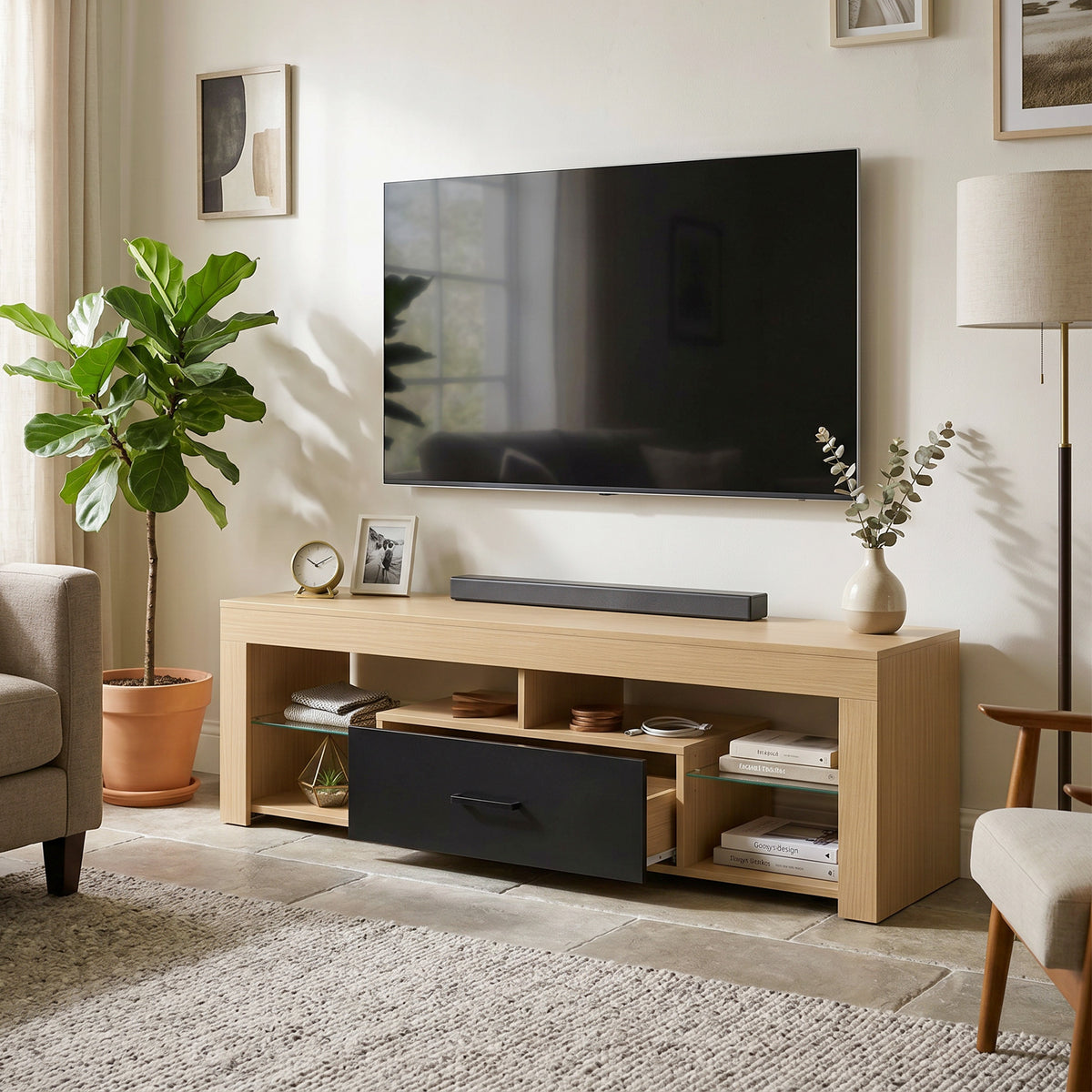 TV lowboard for TVs up to 65 inches, modern TV cabinet with adjustable glass shelves, oak (2)