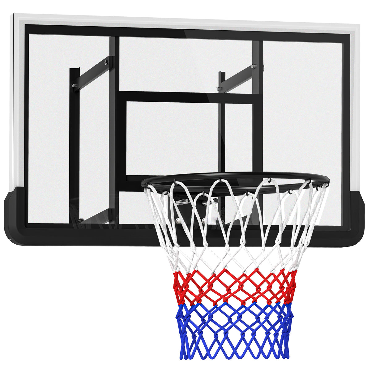 Wall-mounted basketball hoop, spring-action rim, shatterproof backboard, black