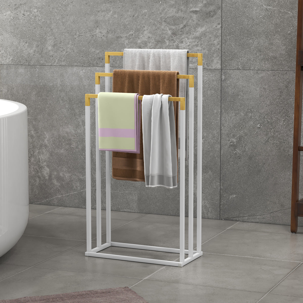 Towel rack, towel holder set, 3 towel rails, industrial design, bamboo, 45 x 22.5 x 86 cm, white + natural (2)