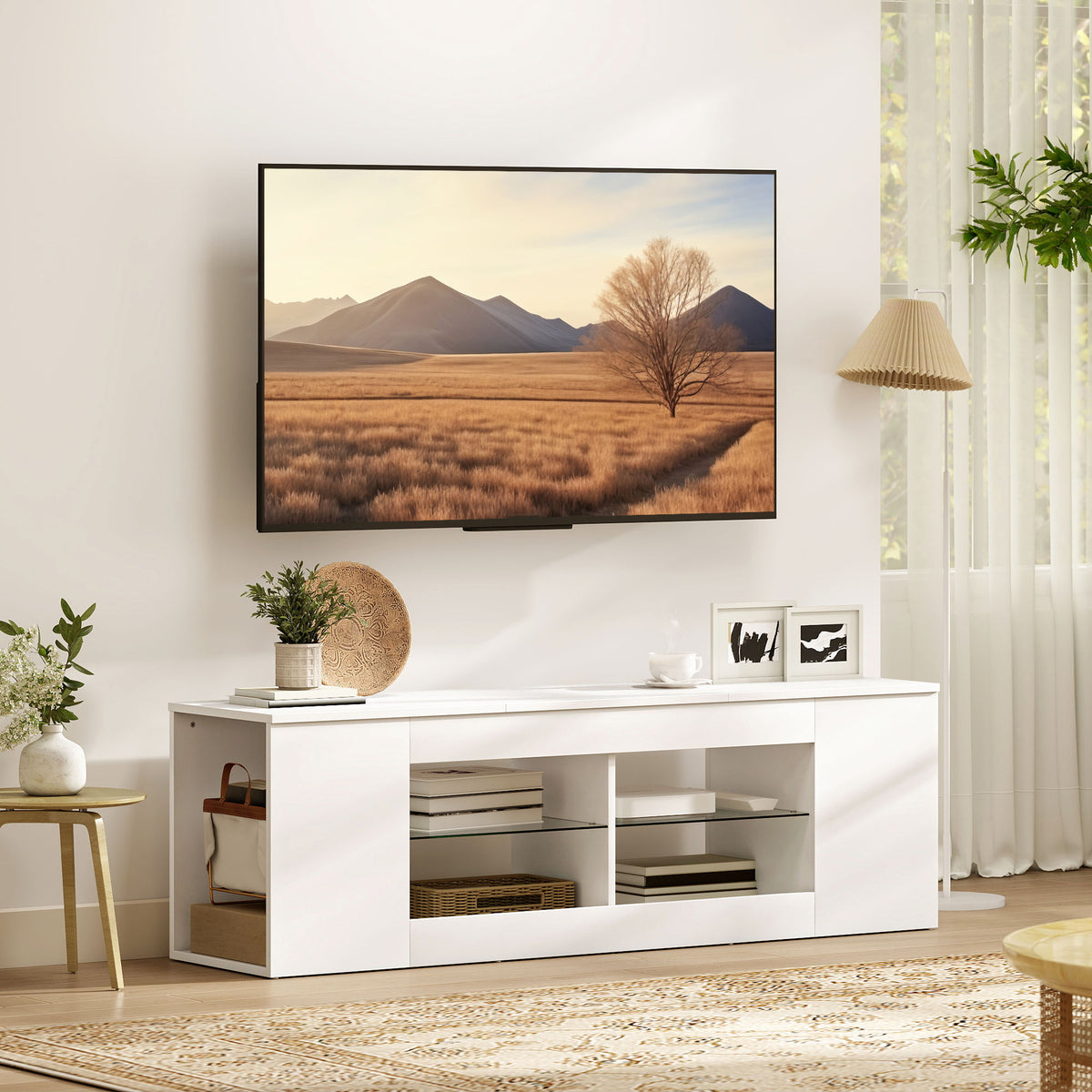 140 cm TV stand, TV cabinet, 6 compartments, 2 glass shelves, chipboard, white (2)