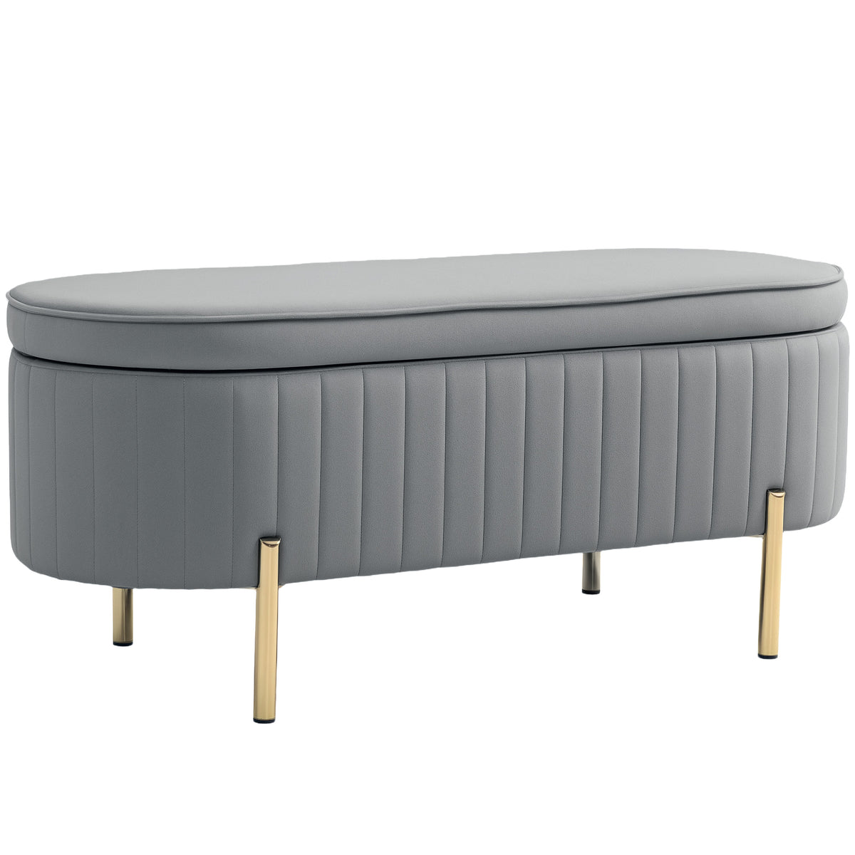 Bench with hinged lid and storage space, fabric upholstery, wood, metal, gray and gold-colored