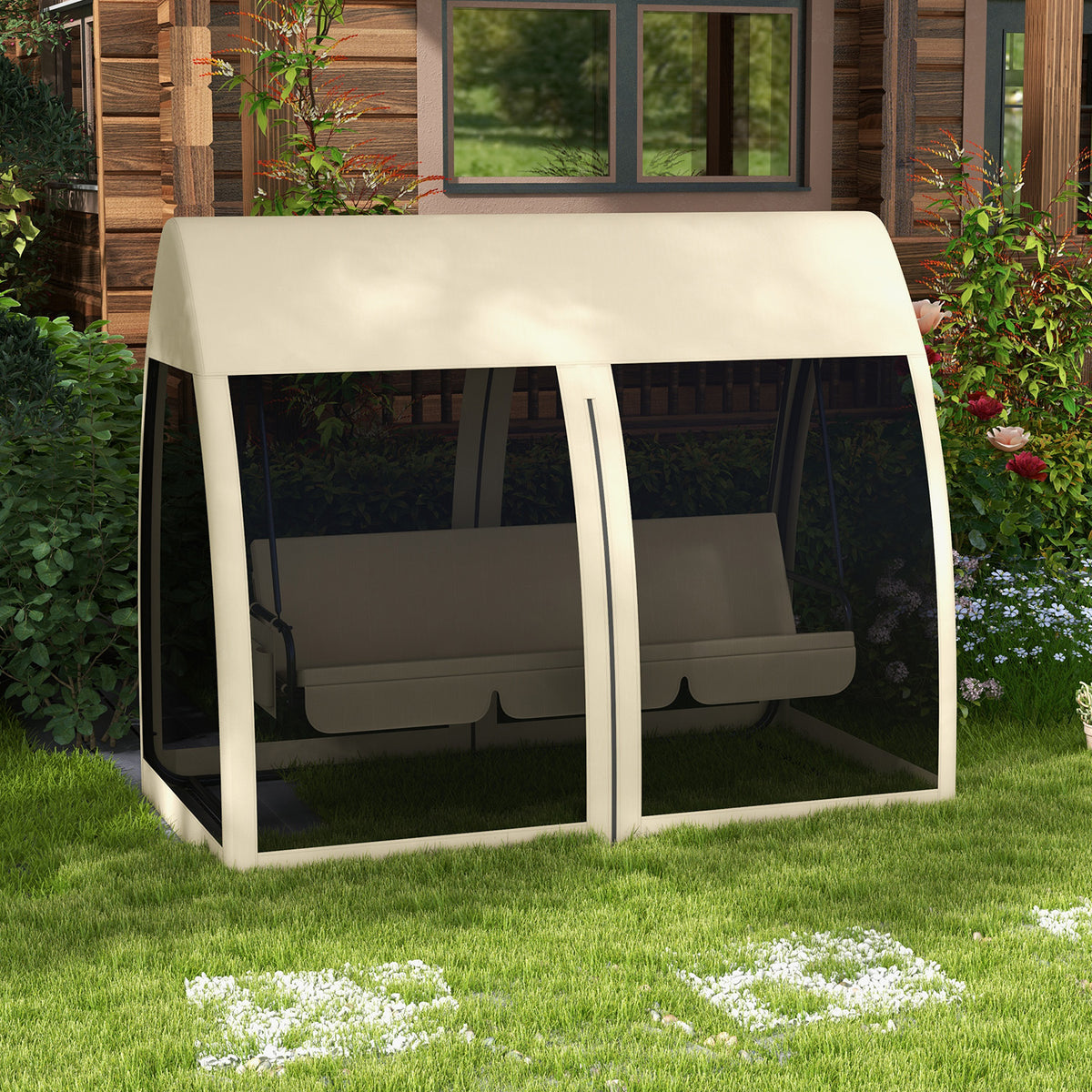 3-seater patio swing, porch swing with bed function, canopy swing with mosquito net and steel frame, coffee (2)