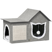 Cat house with scratching surface, incl. toy ball, cat cave, 65 cm x 41 cm x 45.5 cm H, brown + white + beige