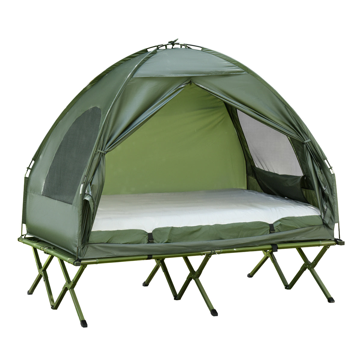 Camping tent set for 2 people with camp bed and air mattress green