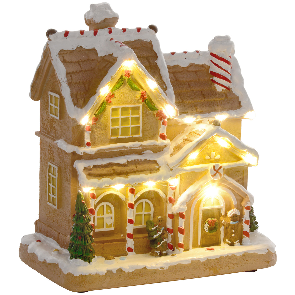 Gingerbread house with LED lights and music, Christmas house winter landscape with gingerbread man, for