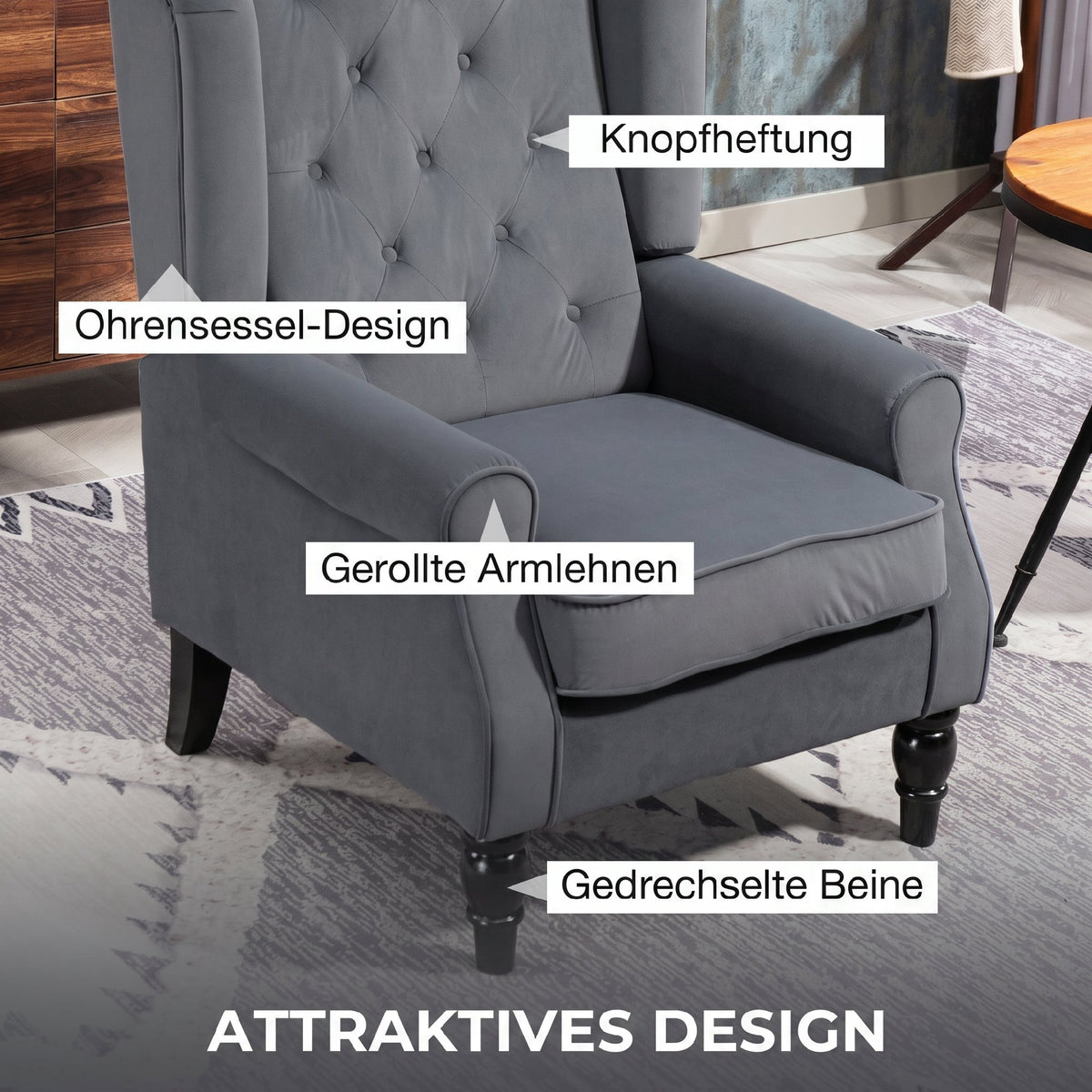Wingback chair, reclining chair, armchair, vintage design, button tufting, turned legs, 74 cm x 86 cm x 102 cm (4)