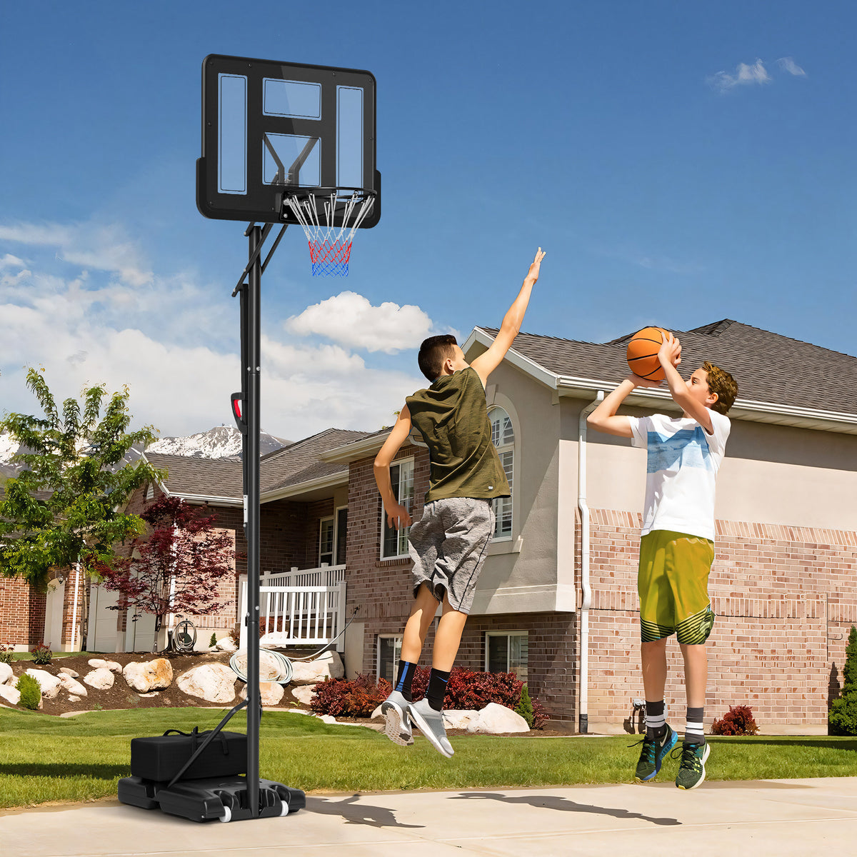 Basketball stand, height-adjustable rim height 235-305 cm, fillable base with wheels, black (2)