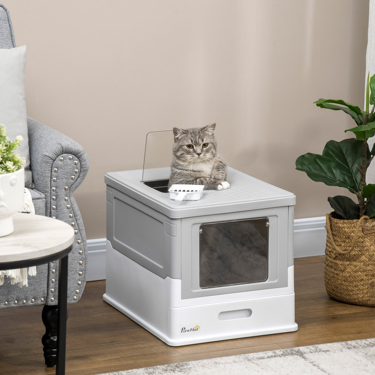 Cat litter box cat toilet cat house with base tray and scoop plastic grey (2)