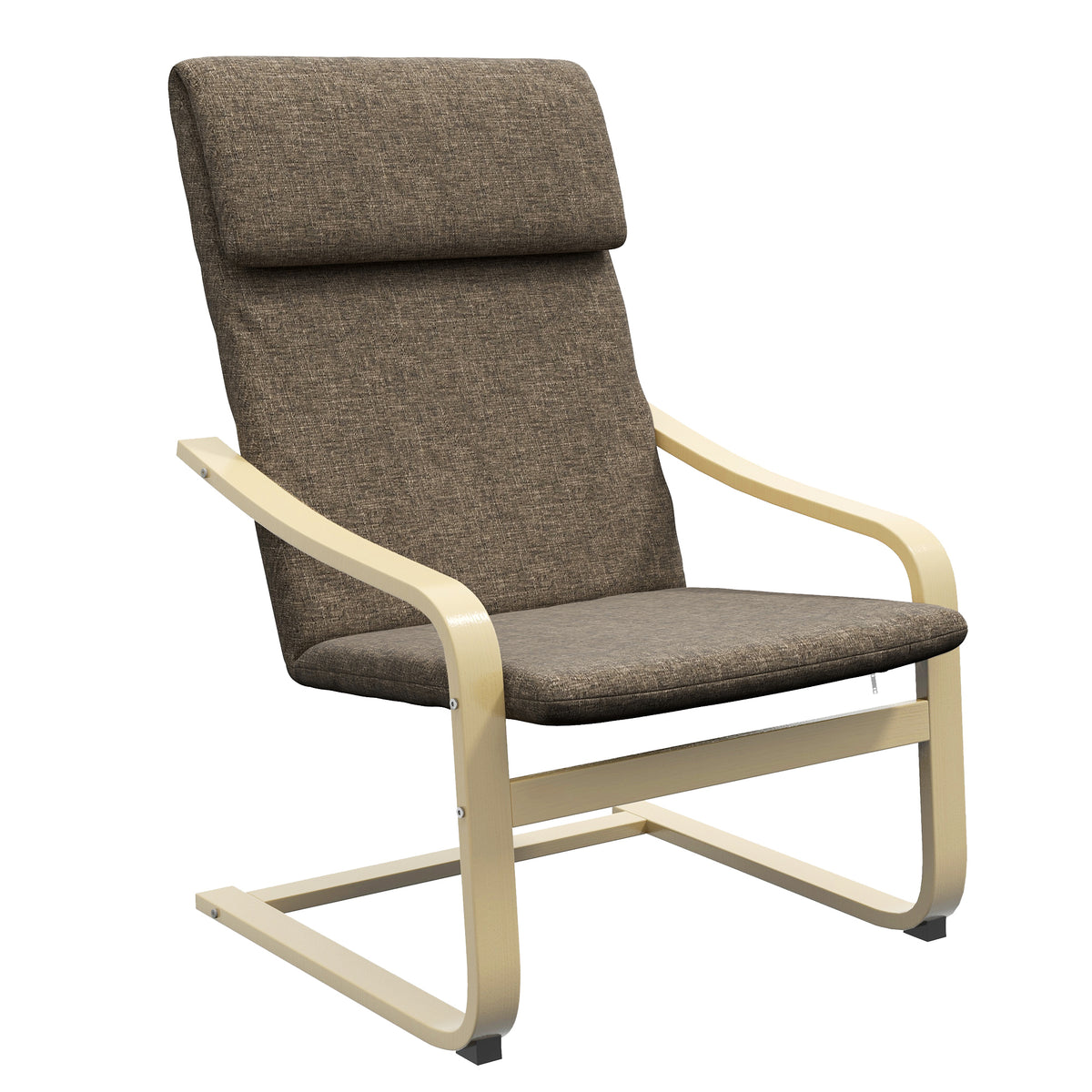 Armchair with headrest and armrests, linen-look upholstery, wooden frame, brown + natural