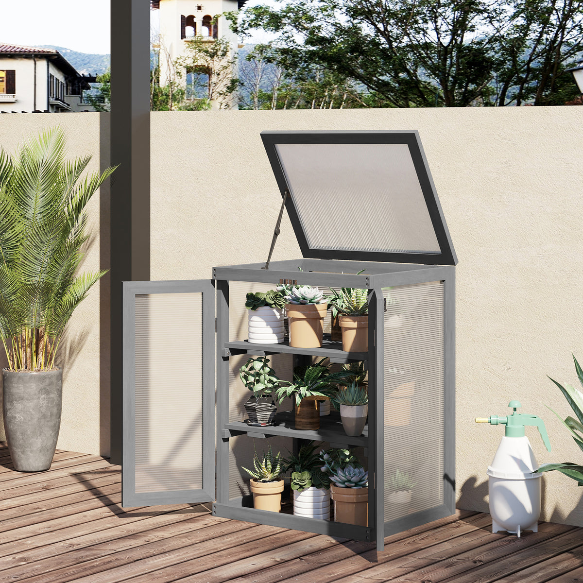 Greenhouse, hothouse, transparent, suitable for outdoor areas, wood+polycarbonate, 58 x 44 x 78cm (2)