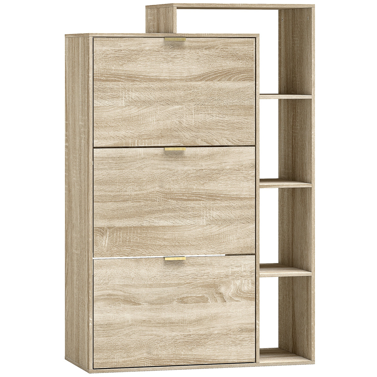 Shoe cabinet with adjustable dividers, open compartments, and 3 tilt-out compartments, natural