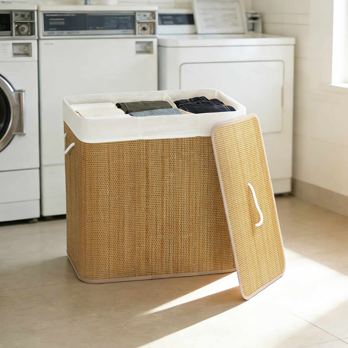 Bamboo laundry hamper with lid, 3 compartments, 144L laundry sorter with rope handles, removable laundry bag (2)