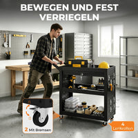 Tool trolley with lockable casters, rolling workshop cart with 3 tiers, drawer and pegboards, black (6)