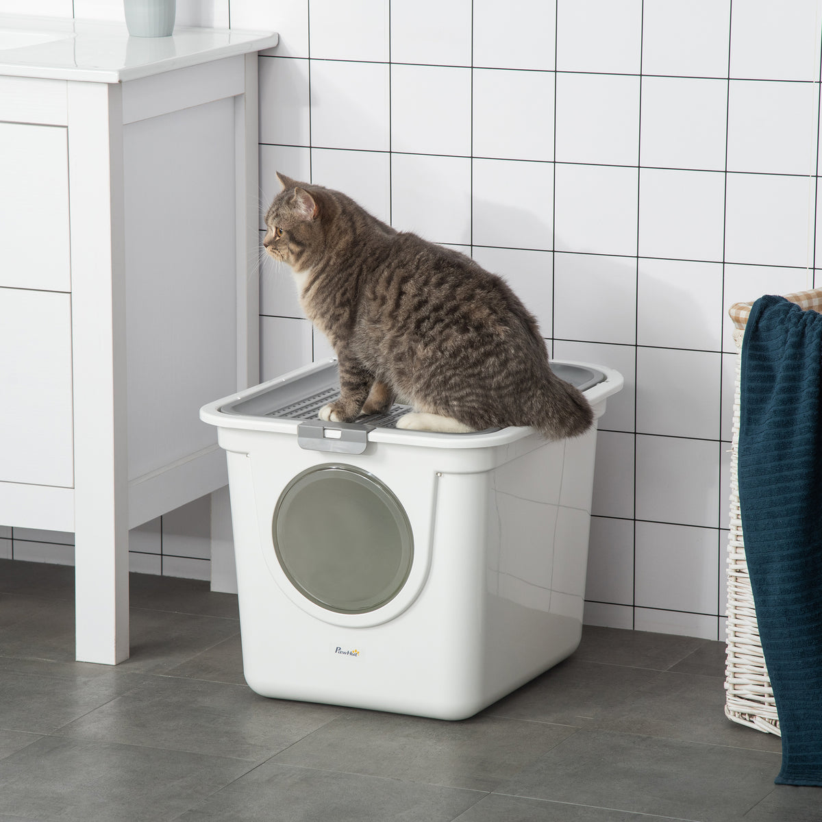 Cat litter box, 2-way cat litter box, incl. litter scoop, white + grey (2)