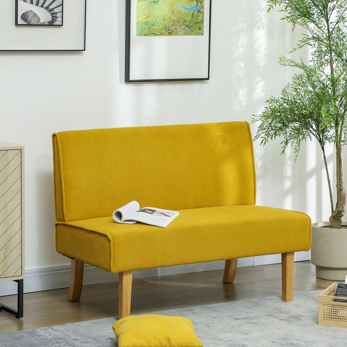 Two-seater sofa with corduroy upholstery, thick padding, and solid wooden legs for living room, bedroom, office (2)