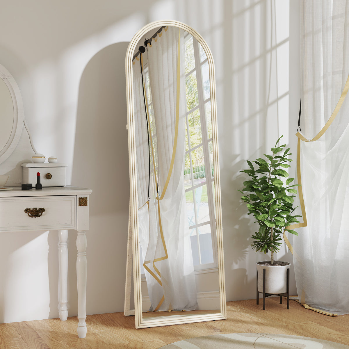 Full-length mirror, 50 x 160 cm, free-standing, wall-mounted, arched frame, white (2)