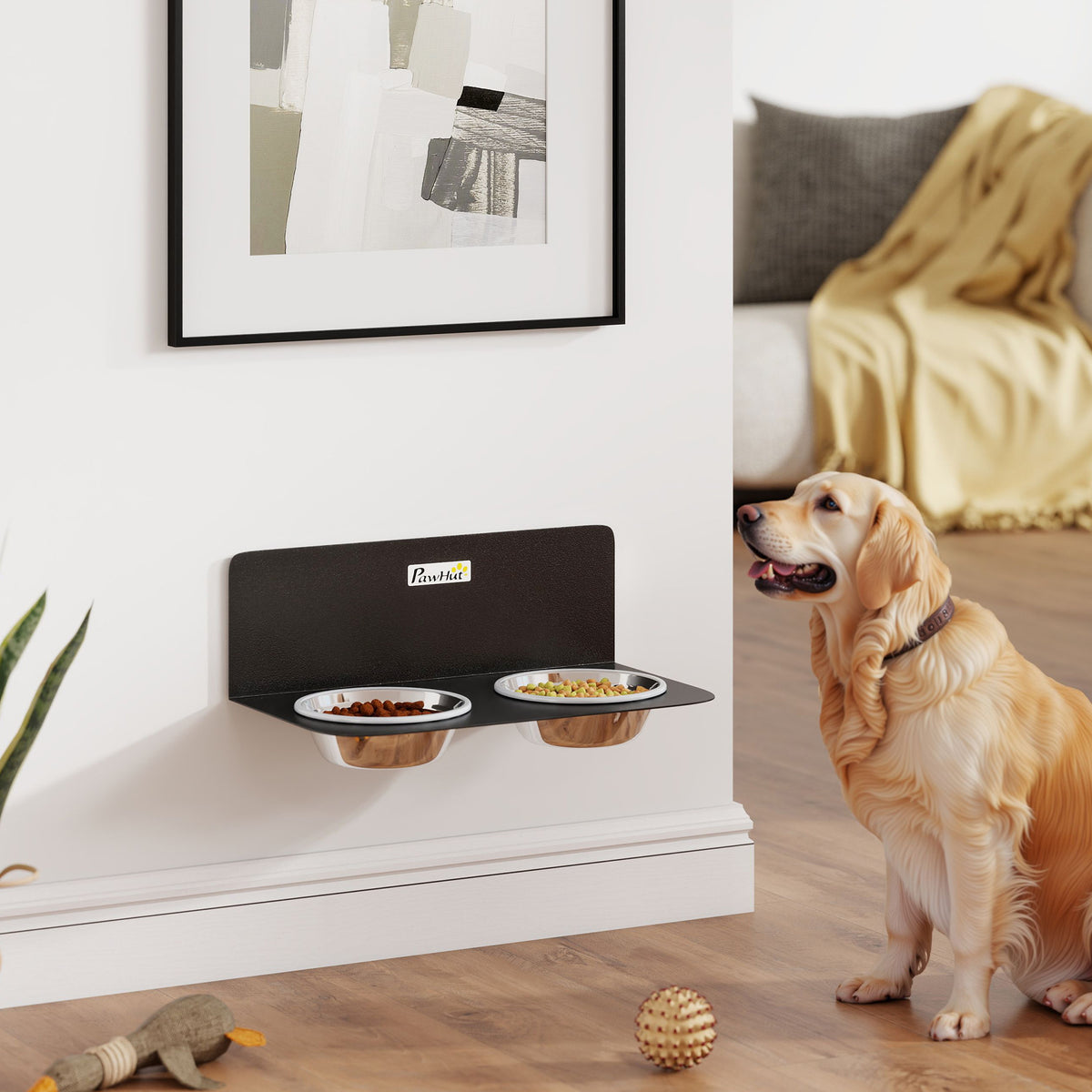 Height-adjustable wall-mounted dog bowl with 2 x 800ml stainless steel bowls 42 x 23.5 x 14 cm black (2)