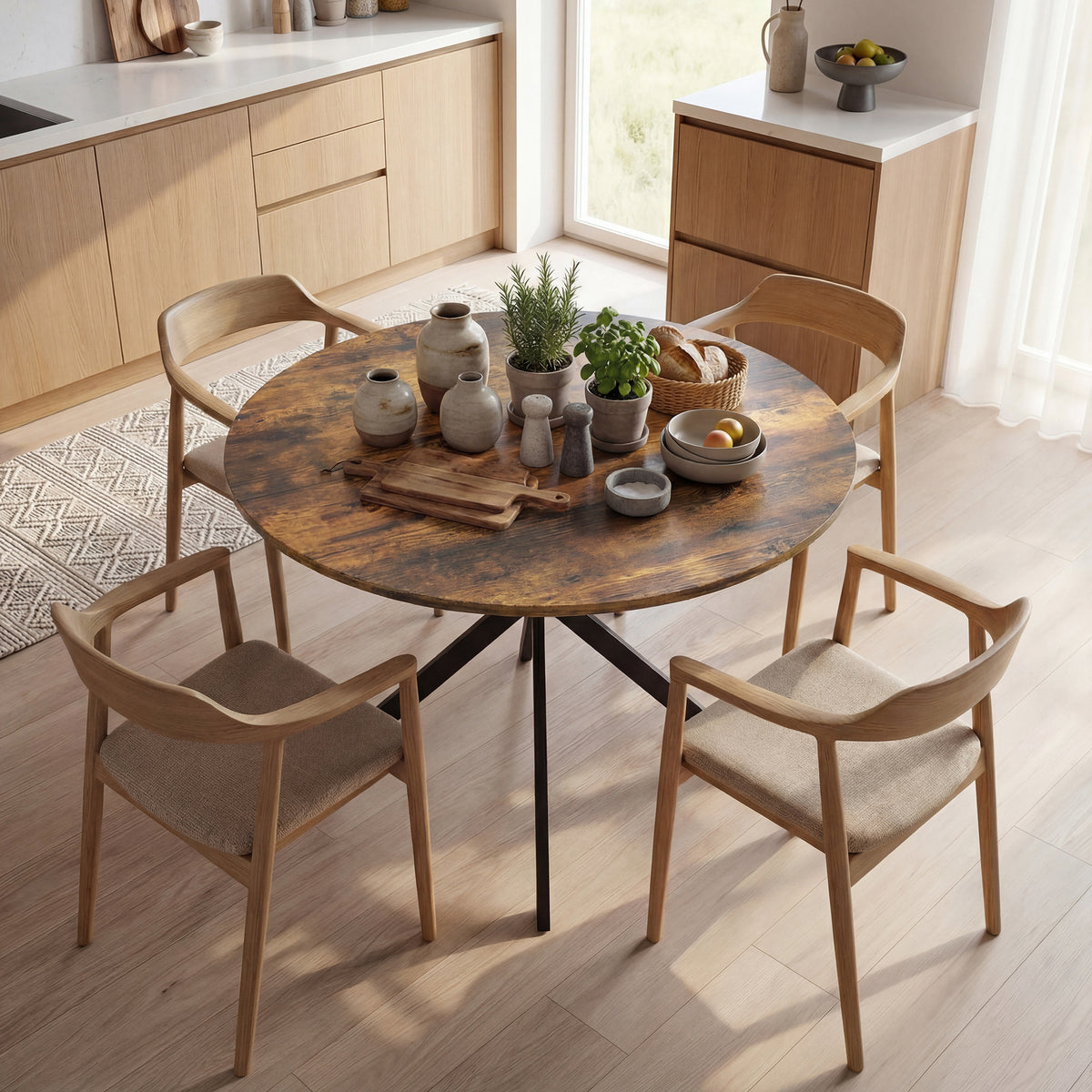 Round dining table for 4 people, industrial-style kitchen table with steel legs, for dining room, kitchen (2)