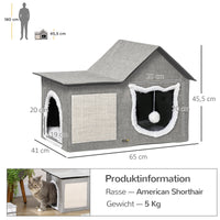 Cat house with scratching surface, incl. toy ball, cat cave, 65 cm x 41 cm x 45.5 cm H, brown + white + beige (3)